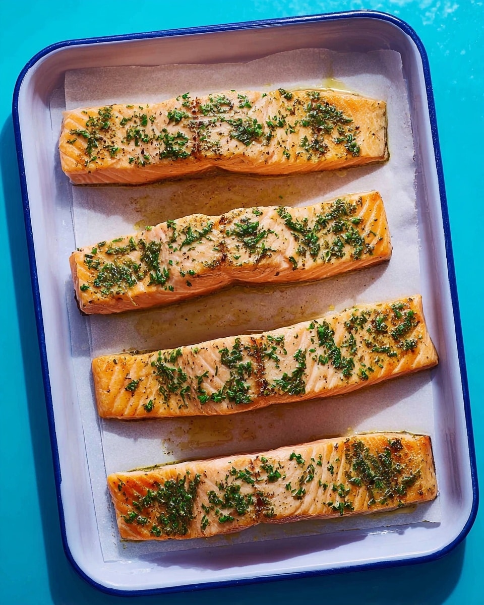 Four long, cooked salmon fillets lay side by side on white paper inside a white tray with a thin blue border. Each fillet is light orange with slightly darker orange grill lines showing its texture. The tops have a green herb mix sprinkled evenly, adding small bits of green and brown on the soft salmon surface. The tray is on a bright blue background. The lighting shows the food clearly with soft shadows under the fillets. photo taken with an iphone --ar 4:5 --v 7
