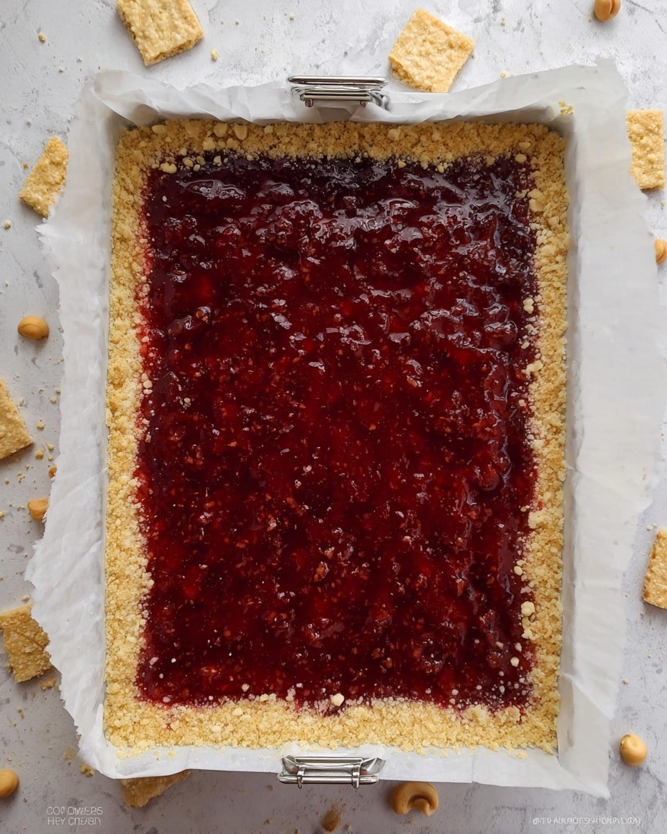 The image shows a rectangular tray lined with white parchment paper held down by metal binder clips on all four sides. Inside the tray, there is a thick base layer of light golden crumbly crust with a rough texture, evenly spread to the edges. On top of this base is a thick, glossy layer of dark red jam or fruit spread, which looks slightly chunky with small bits of fruit visible throughout. The tray rests on a white marbled surface scattered with square pale beige biscuits and a few macadamia nuts. The overall look is rustic and homemade. photo taken with an iphone --ar 4:5 --v 7