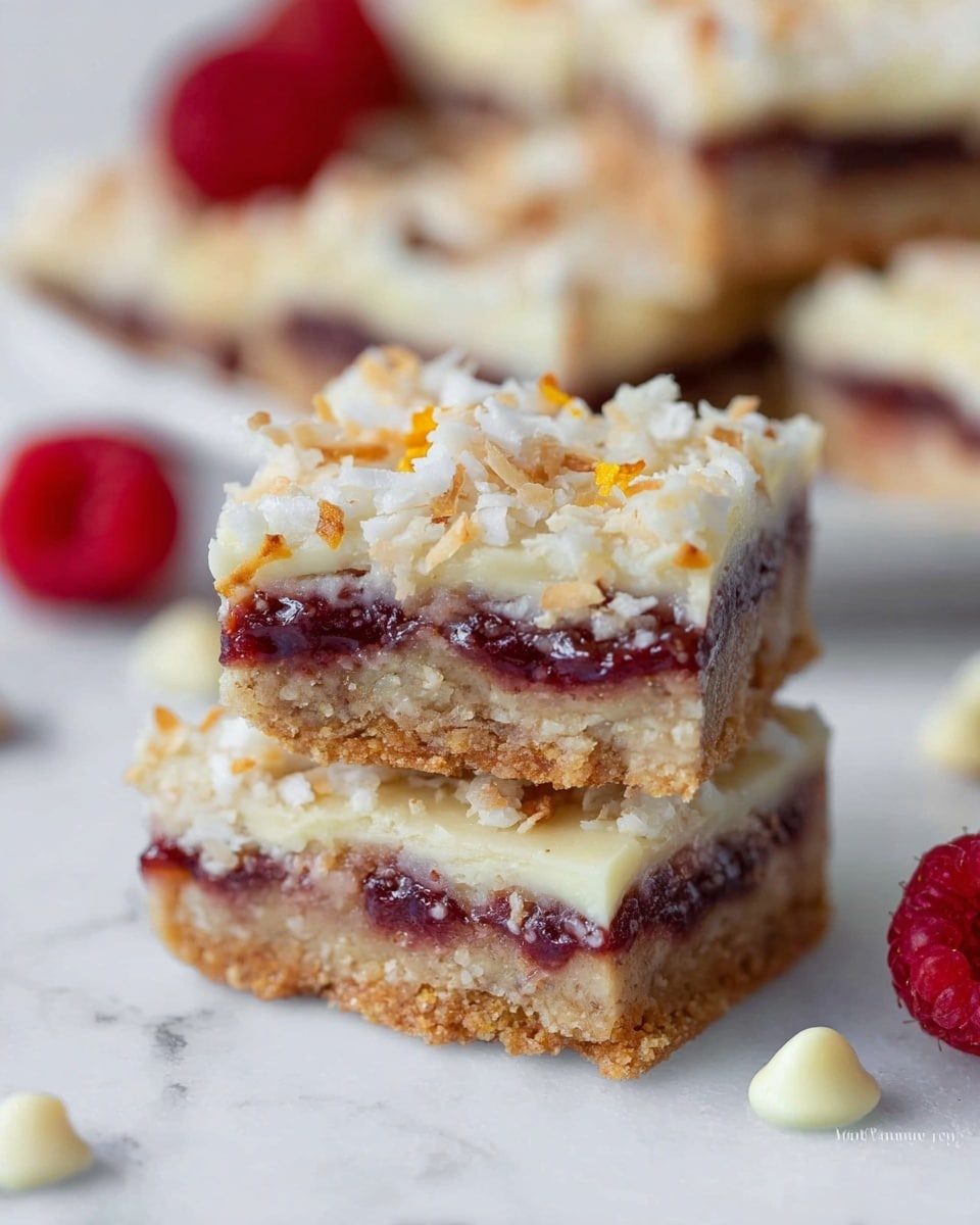 The image shows a close-up of a square layered bar with three visible layers stacked on a white marbled surface. The bottom layer is a dense, light brown crust, the middle layer is a thick, dark red jam or fruit filling, and the top layer is a creamy white topping covered with small pieces of light toasted nuts and shredded coconut, giving it a textured and slightly crunchy look. There are small specks of orange zest on the top layer adding a bit of color. In the background, blurred similar bars are stacked in two or three pieces on a white plate, also on the white marbled surface, and a few fresh red raspberries and white chocolate chips are scattered around the bars. Photo taken with an iphone --ar 4:5 --v 7