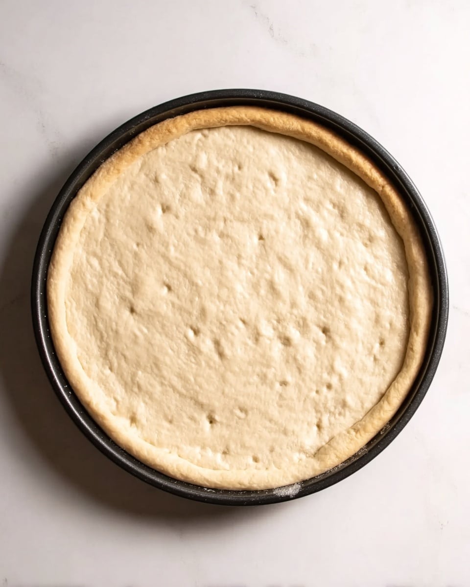 The image shows a single round pizza dough sheet stretched evenly inside a black pizza pan, resting on a white marbled surface. The dough layer is pale beige with a smooth texture and small air bubbles spread across. The edges are slightly thicker, forming a raised crust around the circle. The lighting highlights the dough's soft, fresh look. Photo taken with an iphone --ar 4:5 --v 7