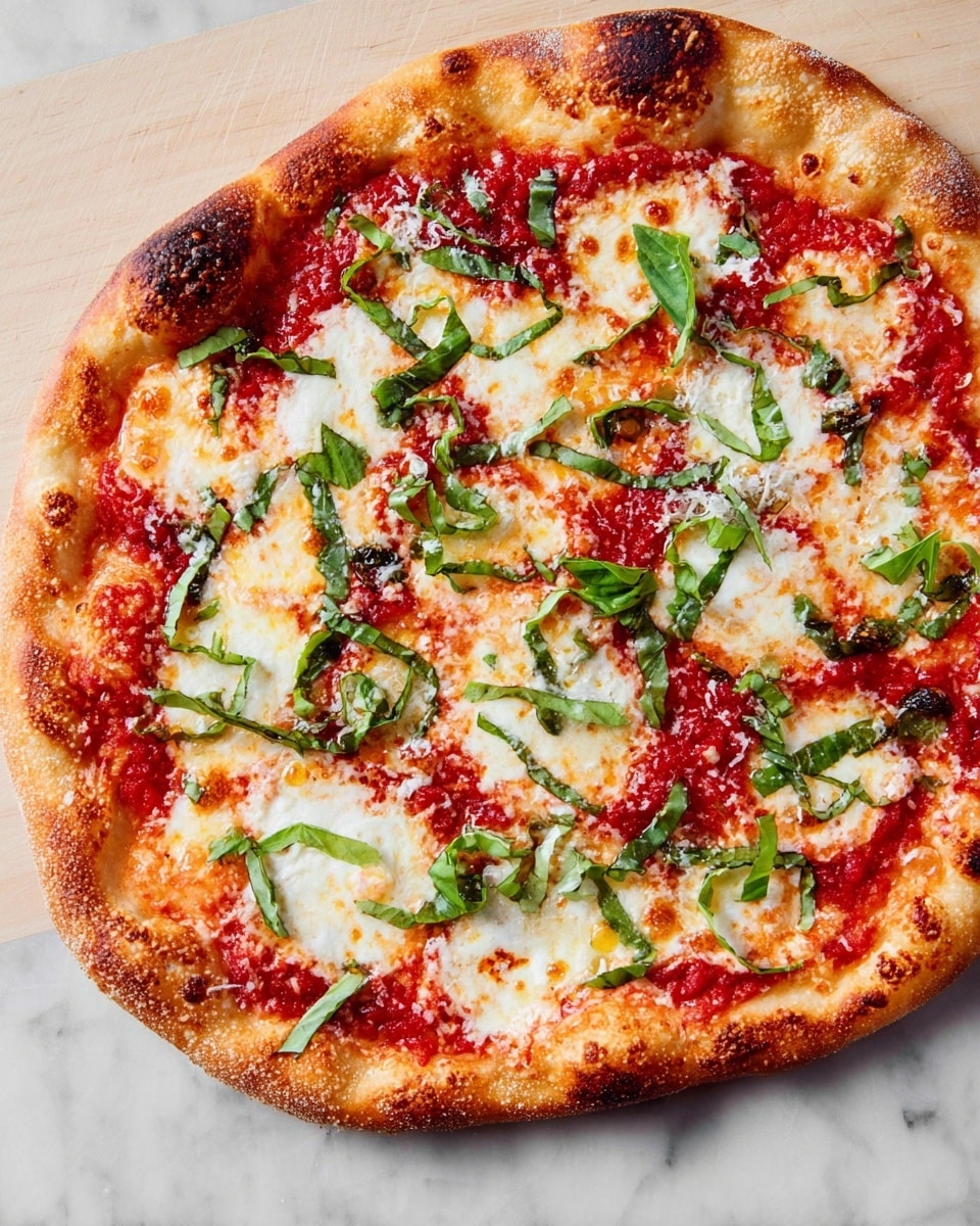 A round pizza with a golden-brown crust that is slightly puffed at the edges, topped with a layer of bright red tomato sauce spreading unevenly across the base, followed by patches of melted white cheese with browned spots. On top, thin strips of fresh green basil leaves are scattered unevenly, adding a fresh texture and color contrast. The pizza rests on a white marbled surface. Photo taken with an iphone --ar 4:5 --v 7