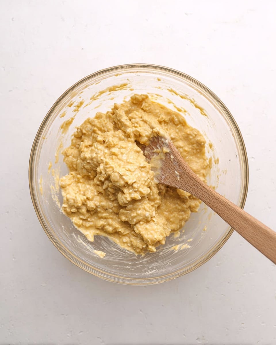 A clear glass bowl sits on a white marbled surface, filled with a thick, lumpy mixture of light yellow oats and batter. Inside the bowl, a wooden spoon with a smooth handle and a flat, rounded stirring end rests, partly covered in the mixture. The texture looks soft and sticky, with visible oatmeal pieces mixed evenly throughout. The scene is bright and simple with no other items around. photo taken with an iphone --ar 4:5 --v 7