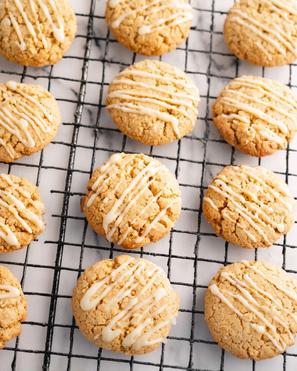 A group of round cookies with a light golden-brown color is placed on a cooling rack. Some cookies are plain, showing a rough, crumbly texture with small uneven edges, while others have a thin drizzle of white icing spread in thin, wavy lines across their tops. The cookies are spaced evenly on the black wire grid of the cooling rack, which sits on a white marbled surface. The scene is bright and clear, showing the contrast between the cookies, icing, and rack clearly photo taken with an iphone --ar 4:5 --v 7