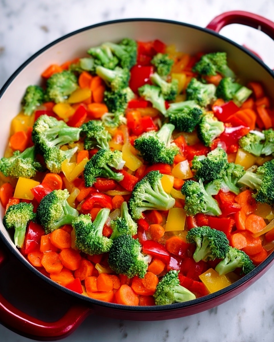 The image shows a white pan with a red outer edge filled with fresh vegetables. The bottom layer has small pieces of orange carrot slices, bright red bell pepper chunks, and yellow bell pepper pieces mixed together. The top layer has green broccoli florets spread evenly across the vegetables. The vegetables look fresh and lightly cooked with a slight shine. The pan is placed on a white marbled surface. photo taken with an iphone --ar 4:5 --v 7