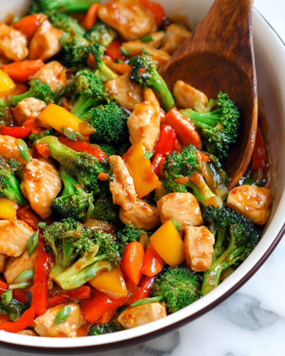 A close-up of a colorful stir-fry in a white bowl with a wooden spoon, showing three main layers: bright green broccoli florets with firm, textured stems positioned throughout; orange carrot slices and vibrant yellow bell pepper chunks mixed evenly, adding pops of color; and light golden-brown chicken pieces with a glossy, smooth sauce coating. The ingredients appear well-cooked but still fresh, sitting on a white marbled surface. Photo taken with an iphone --ar 4:5 --v 7
