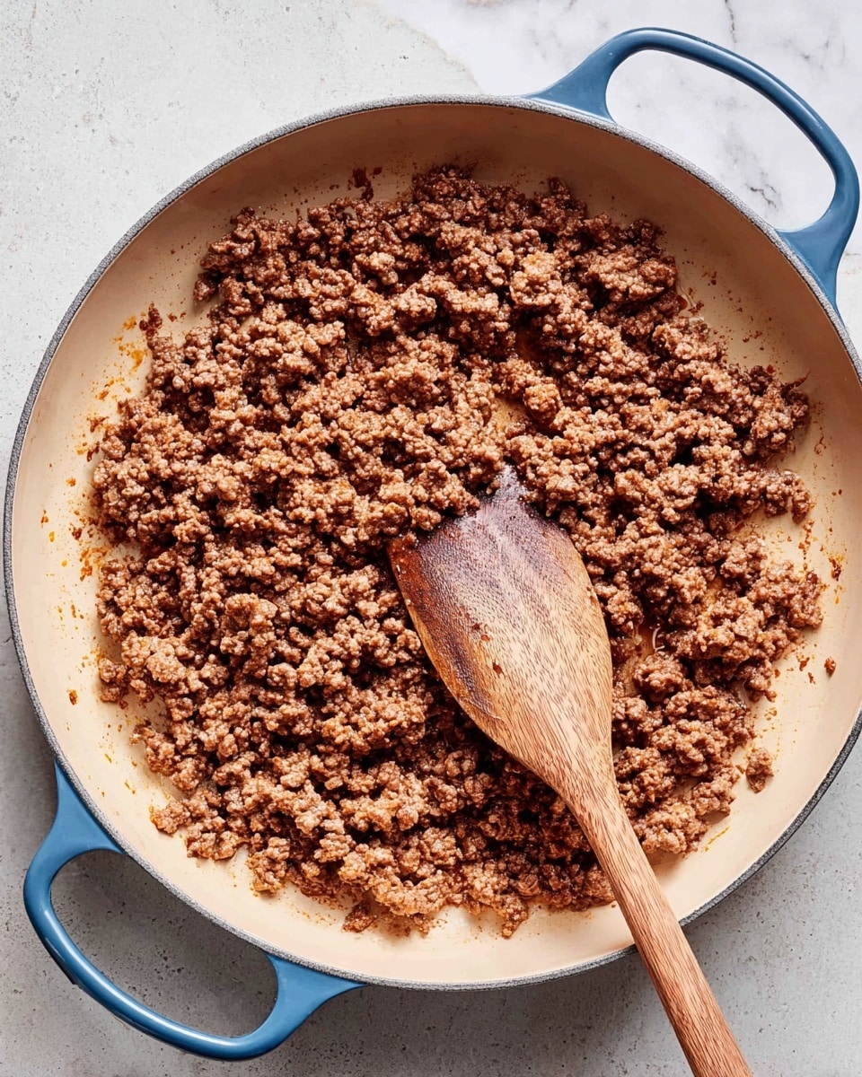 A close-up image of a light beige pan with blue handles filled with cooked ground meat that is cooked brown with small crispy bits. A wooden spoon is resting in the pan, pushing some of the meat to one side, showing the light beige pan surface underneath. The pan is placed on a white marbled textured surface. photo taken with an iphone --ar 4:5 --v 7