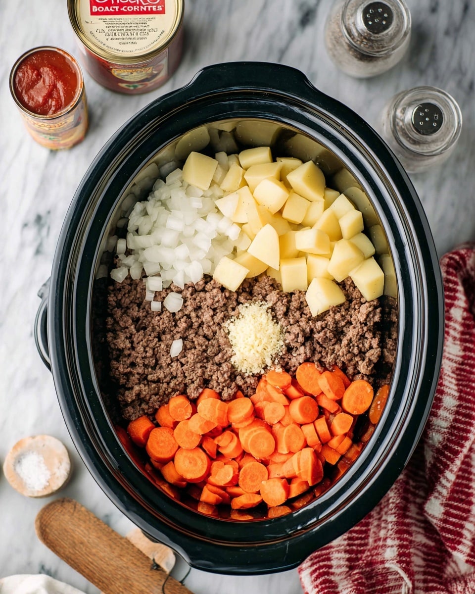 A black slow cooker filled with four distinct layers of ingredients: chopped white onions in the top center, bright orange carrot slices to the right, pale yellow peeled potato chunks to the left, and a large portion of cooked ground beef at the bottom. On top of the ground beef is a small heap of finely minced garlic. Surrounding the slow cooker are kitchen items on a white marbled surface, including a can of tomato paste, salt and pepper shakers, and a glass measuring cup, with a red and white checkered cloth partially visible in the lower right corner. Photo taken with an iphone --ar 4:5 --v 7