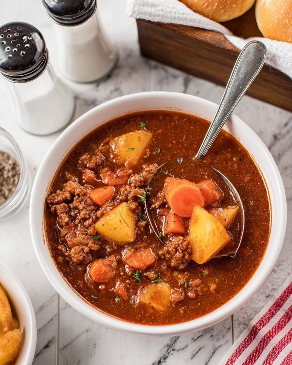 A white bowl filled with thick stew, showing a rich dark brown sauce mixed with crumbled meat, bright orange carrot chunks, and yellow potato pieces. A silver spoon rests inside the bowl, holding a few pieces of carrot and some sauce. The bowl is placed on a white marbled surface next to salt and pepper shakers on the left and a wooden box with bread rolls lined with a white cloth on the right. A red and white striped cloth is also visible at the bottom right corner. photo taken with an iphone --ar 4:5 --v 7