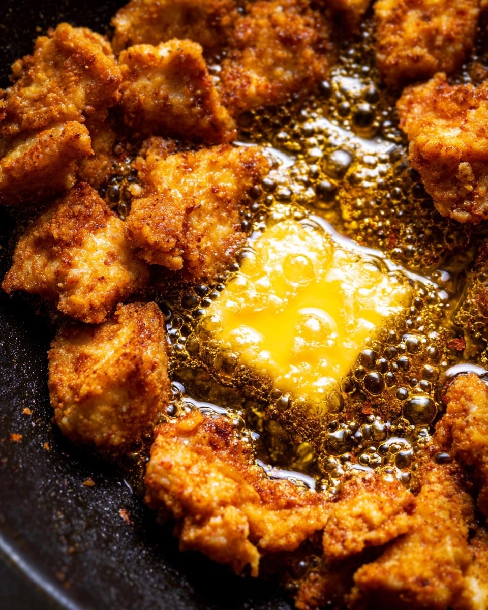 A close-up of small golden-brown fried pieces with a rough, crunchy texture, arranged in a black pan. In the center, a thick square of melting yellow butter is bubbling with the hot oil, spreading a shiny, oily layer around the fried pieces. The background shows the edge of the pan with little oil splatters. The overall colors are warm browns and yellows with a slight crunchy detail on the fried pieces. The surface beneath is a white marbled texture. photo taken with an iphone --ar 4:5 --v 7