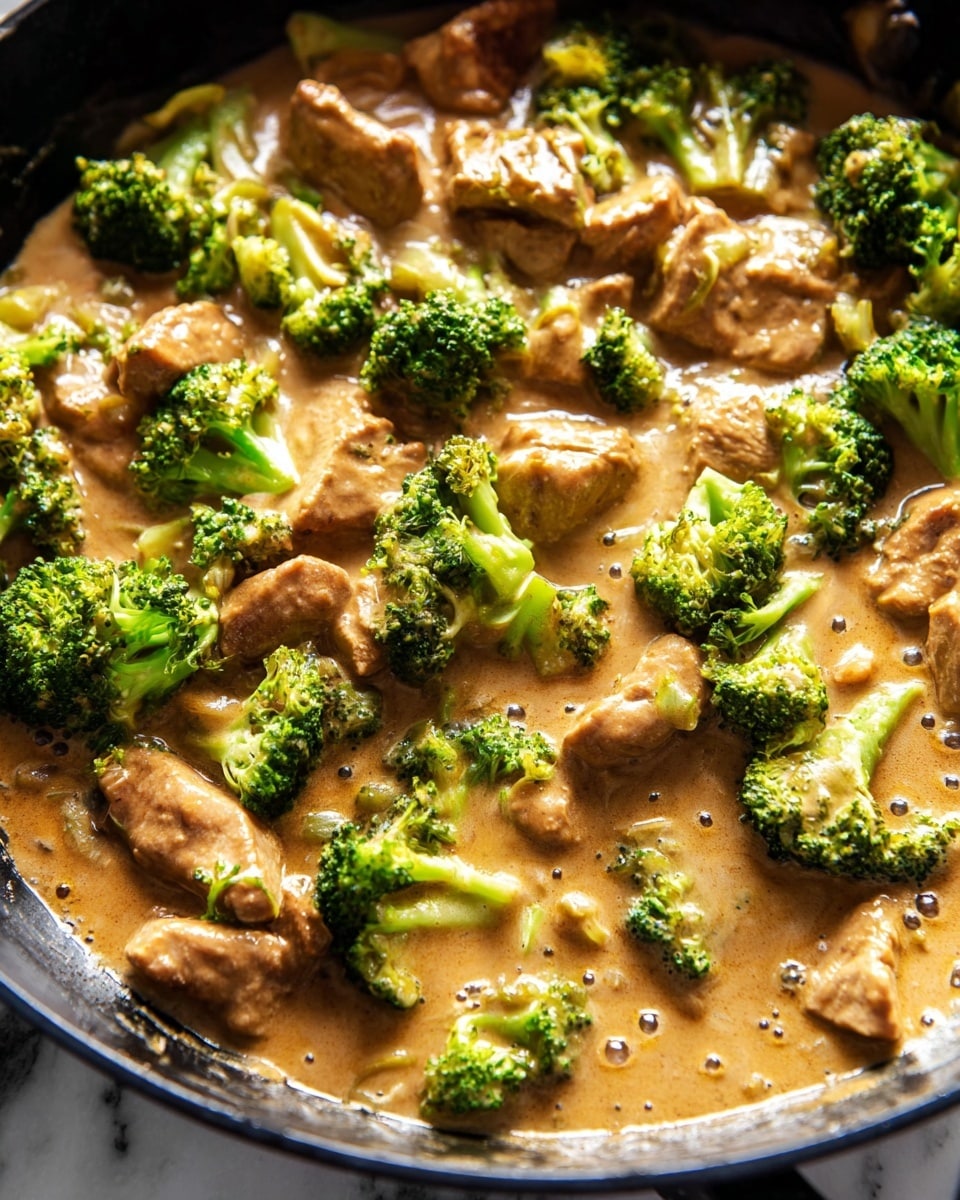 This image shows a close-up of a cooked dish in a black pan, featuring several light brown pieces of meat mixed with bright green broccoli florets. The dish is covered in a creamy, light brown sauce that has a smooth texture with some bubbles visible. The broccoli pieces are spread evenly among the meat chunks, adding bright green color and a fresh look. The sauce has a glossy shine and fills the pan around the ingredients, covering the bottom and part of the sides. The background surface is a white marbled texture. photo taken with an iphone --ar 4:5 --v 7