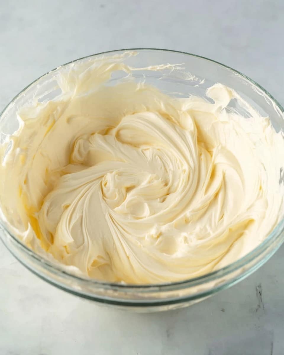 A clear glass bowl is filled with thick, creamy, pale yellow frosting that has smooth, soft swirls and peaks visible on the surface. The frosting looks light and fluffy with a rich texture, and the bowl sits on a white marbled surface. The soft lighting highlights the creamy texture and the delicate folds in the frosting, creating a fresh and inviting look. photo taken with an iphone --ar 4:5 --v 7