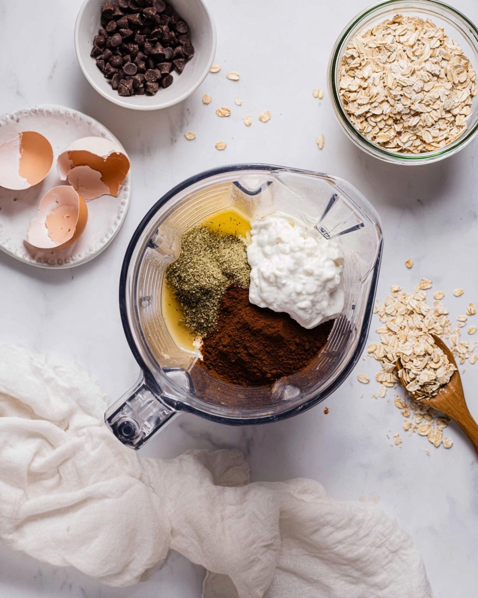 A clear blender jar sits on a white marbled surface, filled with four visible layers: at the bottom, a deep brown powder covers part of the base; next to it, a yellow liquid layer; a small heap of greenish herbs or spices lies near the center; and on top, a dollop of thick white cream-like substance. Around the blender, there is a white plate with broken brown eggshells on the left side, a white bowl of dark chocolate chips above it, and a clear jar full of oats to the right with some oats spilled onto a wooden spoon resting on a white marbled rectangle. A soft, crumpled white cloth is partially under the blender, completing the clean kitchen setup. Photo taken with an iphone --ar 4:5 --v 7