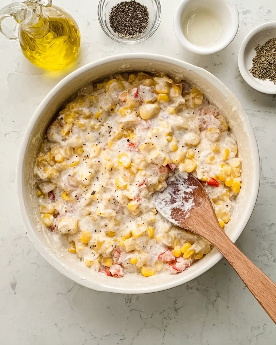 The image shows a white dish filled with a creamy mixture containing yellow corn kernels, small chunks of red and white ingredients, and a thick white sauce covering everything. A wooden spoon is resting inside the dish, partially covered with the creamy food. The dish sits on a white marbled surface with a small glass bowl of black pepper, a glass bottle of yellow oil, and a white round bowl with a small amount of sauce or liquid placed nearby. Photo taken with an iphone --ar 4:5 --v 7