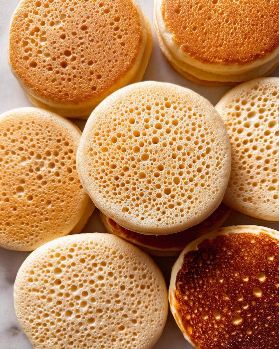 The image shows several round pancakes with a light golden color on top, covered with many small holes that look soft and spongy. The pancakes vary slightly in color, with most being pale beige and one having a darker, deeper golden-brown side visible. They are placed close together on a white marbled surface, filling the frame with their textured, porous tops and smooth sides. photo taken with an iphone --ar 4:5 --v 7