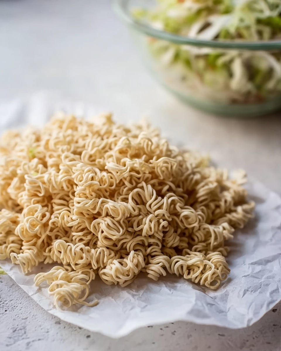 The image shows a pile of dry instant noodles placed on a piece of white parchment paper, sitting on a white marbled surface. The noodles are in a loose heap with a light beige color and wavy texture, looking crisp and untouched. In the background, there is a slightly blurred glass bowl filled with some shredded green and white vegetables, giving a hint of freshness. The overall scene is bright and clean with soft natural light. photo taken with an iphone --ar 4:5 --v 7
