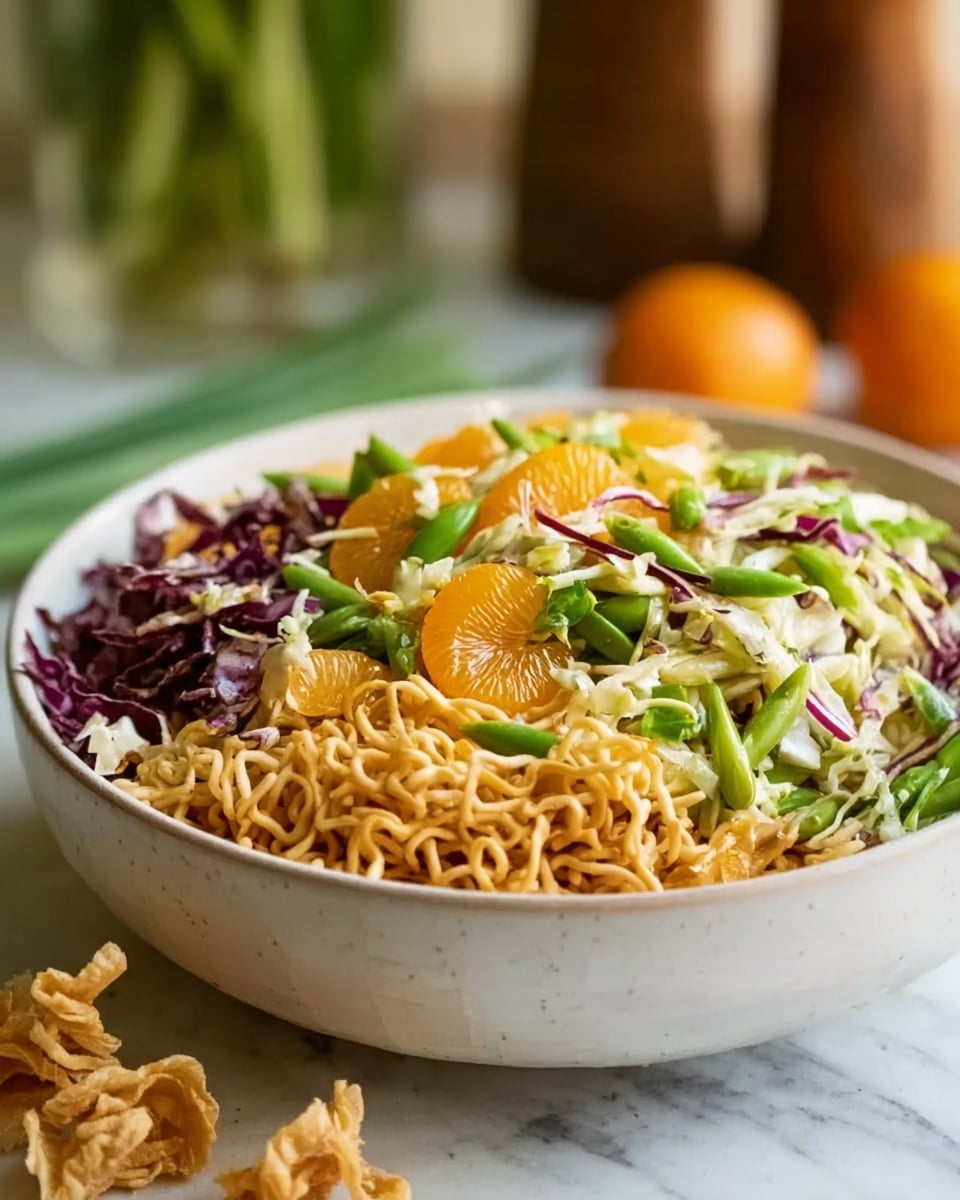 The image shows a white bowl filled with a colorful salad. The salad has four main layers: the bottom layer is thin, curly light brown noodles that look crispy; on top of the noodles, there are light green and dark green sliced vegetables with a mix of shredded white and purple cabbage. Bright orange mandarin slices and small green beans add pops of color on top. Pieces of broken noodle clusters are placed near the bowl on a white marbled surface. The background is softly blurred with green stalks and wooden objects in warm tones. Photo taken with an iphone --ar 4:5 --v 7