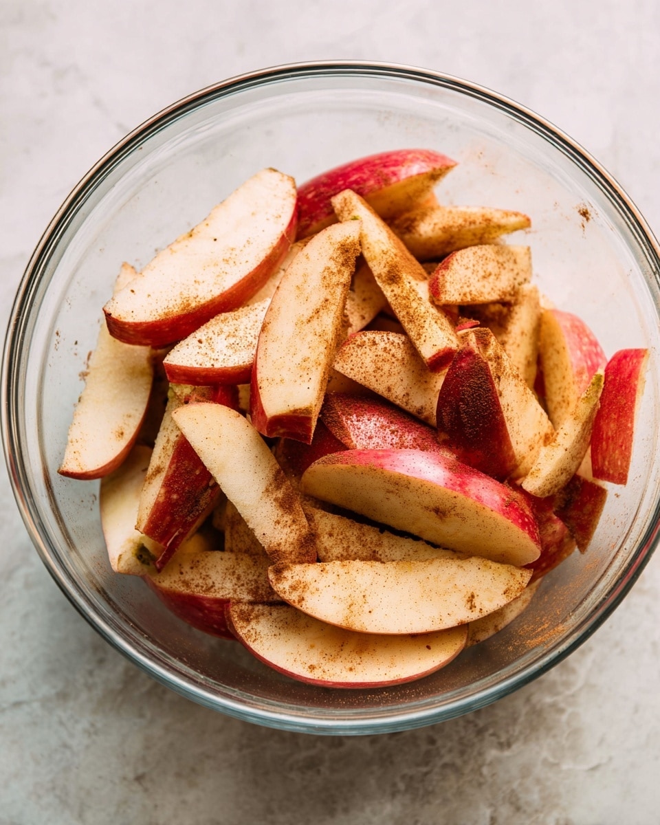 A clear glass bowl holds about two layers of apple slices with red skin, each slice covered lightly with a brown powder, likely cinnamon, giving a warm, speckled look. The apple slices have a soft, pale inside with shiny, reddish edges, creating a nice mix of colors and textures inside the bowl. The bowl sits on a white marbled surface, adding a clean and fresh background to the warm and spiced apples. photo taken with an iphone --ar 4:5 --v 7