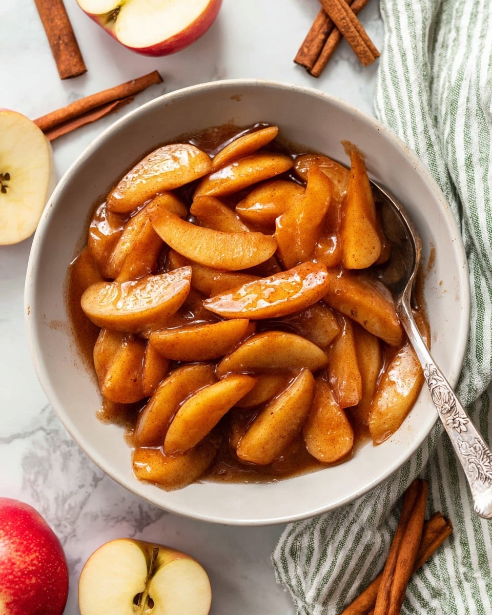 A white bowl filled with cooked apple slices coated in a shiny, warm brown cinnamon sauce, each slice soft with a slightly caramelized edge, layered loosely in the bowl. A silver spoon with a carved handle rests inside the bowl on the right side. Around the bowl, there are cinnamon sticks and halved fresh apples with a creamy white inside and red peel, all placed on a white marbled surface, next to a white and green striped cloth. photo taken with an iphone --ar 4:5 --v 7