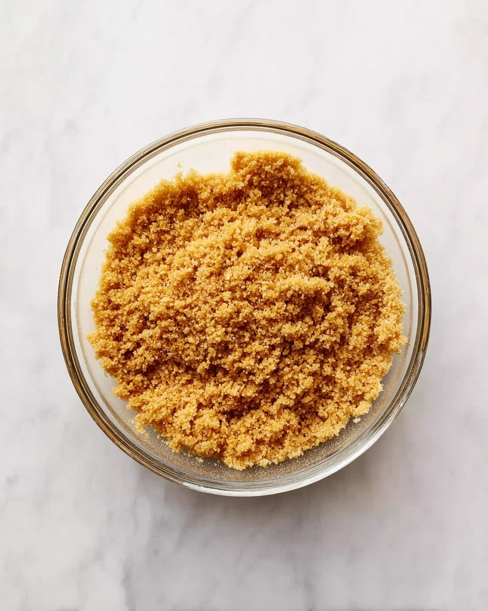 A clear glass bowl sits on a white marbled surface filled with a single layer of golden brown, crumbly mixture that looks grainy and loose. The crumbs cover the bowl evenly with some small clusters and a rough texture that suggests a dry and coarse substance. The light softly highlights the uneven crumb surface giving a warm and natural feel photo taken with an iphone --ar 4:5 --v 7