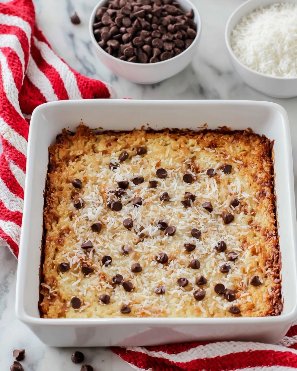 The image shows a baked dessert in a white square dish on a white marbled surface. The dessert has a light golden brown crust around the edges with a textured, slightly toasted top layer covered with shredded coconut and scattered dark chocolate chips. Behind the dish, there is a red and white striped cloth, and two white bowls are visible, one filled with more dark chocolate chips and the other with shredded coconut. The photo taken with an iphone --ar 4:5 --v 7