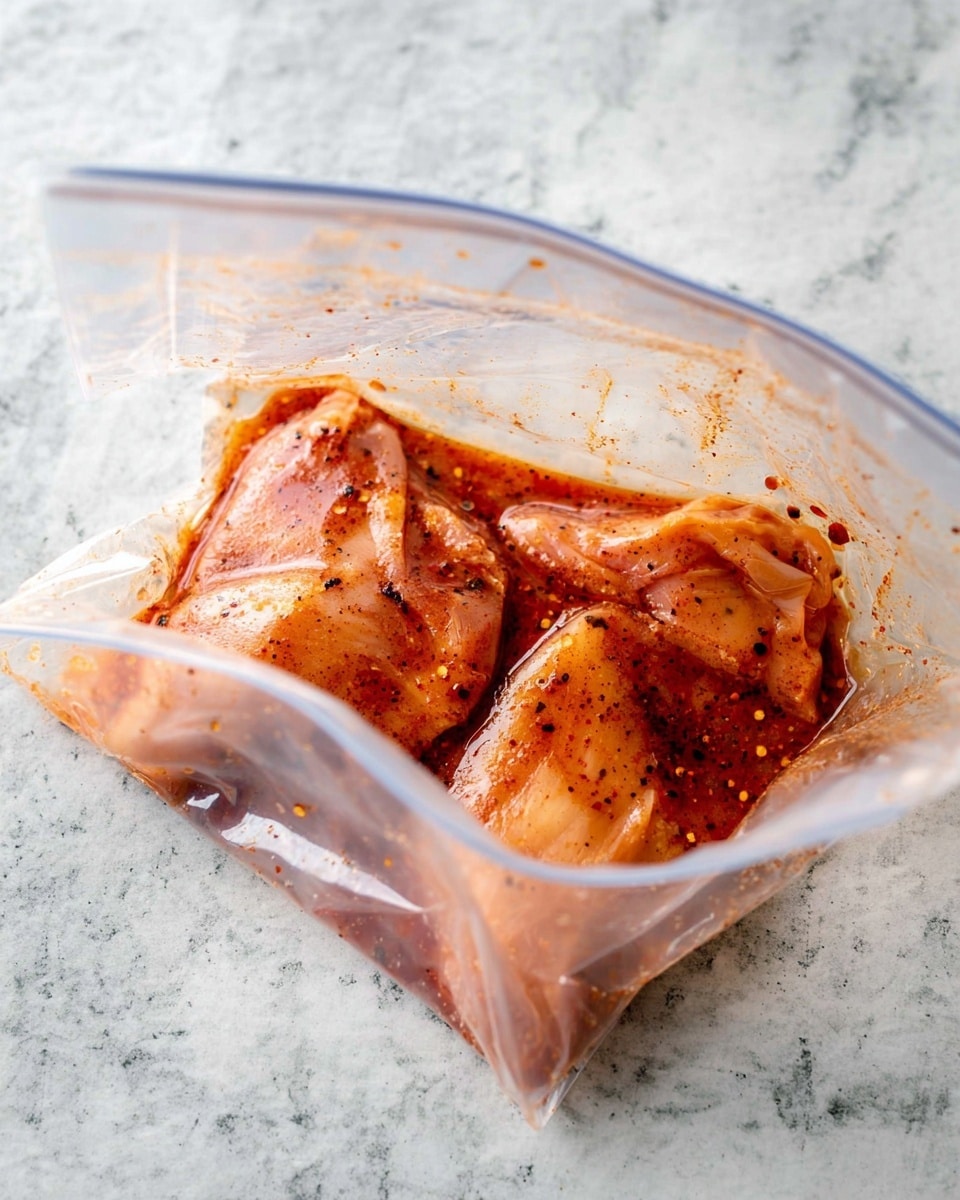 A clear plastic ziplock bag lies open on a white marbled surface, showing two large pieces of raw chicken covered in a thick, reddish-brown marinade with visible black pepper flakes and small bits of seasoning. The marinade coats the chicken unevenly, with some parts appearing glossy and wet, and others matte. The bag's top edges are slightly wrinkled and translucent, capturing light reflections that highlight the bag's texture. photo taken with an iphone --ar 4:5 --v 7