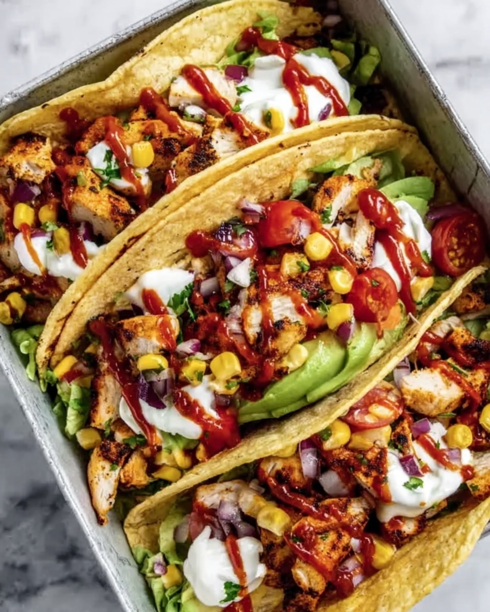 Three soft yellow corn tacos are placed side by side in a white dish. Each taco is filled with several layers: at the bottom, there are green avocado slices and grilled pieces of chicken with light brown grill marks. On top of the chicken, there are small pieces of red tomato, yellow corn kernels, and finely chopped purple onion. White dollops of sour cream and a drizzle of red sauce cover the tacos. The white dish sits on a white marbled surface. Photo taken with an iphone --ar 4:5 --v 7