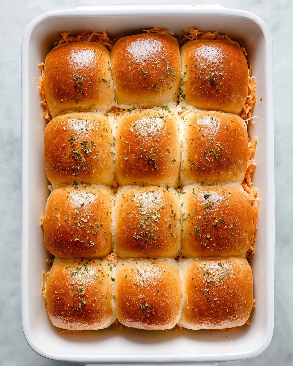 A white baking dish holds 12 shiny, golden brown slider buns arranged in a 3 by 4 grid. Each bun has a smooth, soft texture and is topped with a sprinkle of dried green herbs. Between the buns, there is a layer of light orange shredded filling peeking out softly around the edges. The dish sits on a white marbled surface. photo taken with an iphone --ar 4:5 --v 7