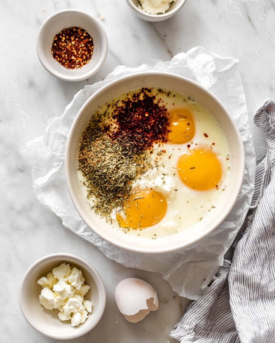 A white bowl sits on crumpled white parchment paper over a white marbled surface, filled with four raw egg yolks floating in a layer of cream. On top of the eggs and cream, there are two piles of spices: one is a dark red mix of crushed flakes, and the other is a coarser greenish-brown herb blend. Around the main bowl are small white bowls containing spice mix, cream, egg shells, and soft white cheese. A striped white and gray cloth is placed to the right side of the frame. photo taken with an iphone --ar 4:5 --v 7