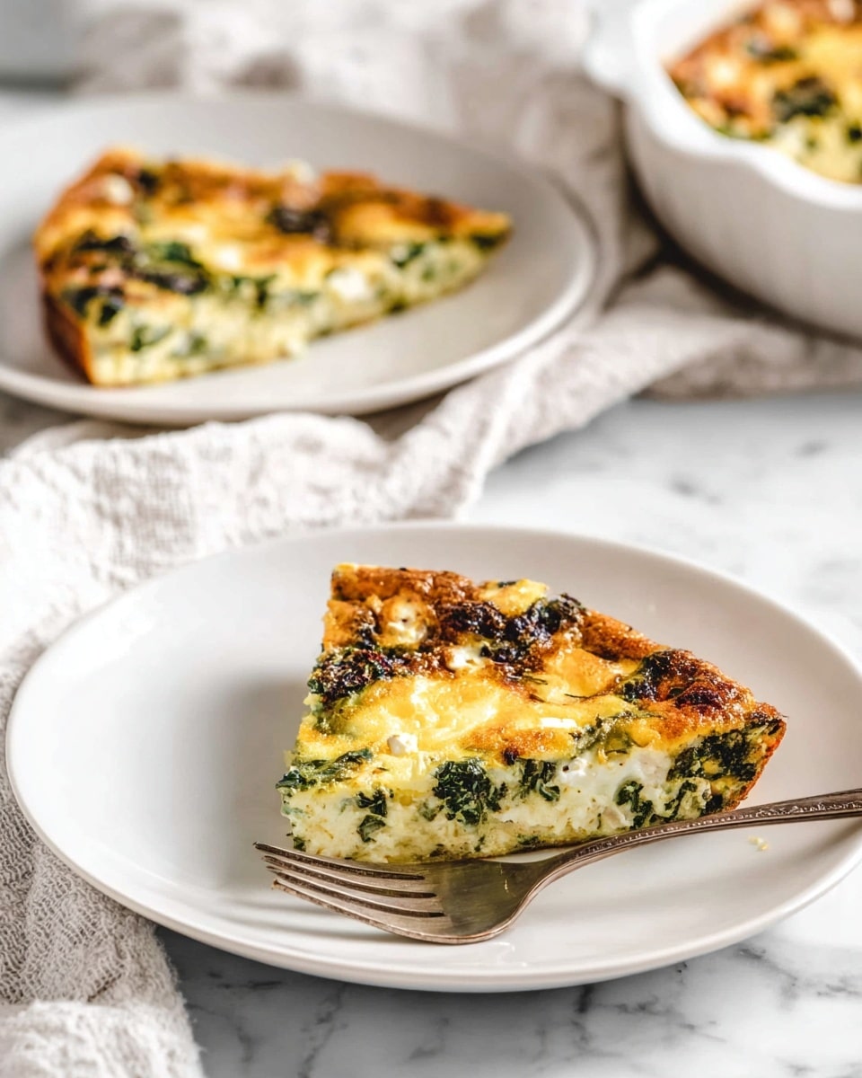 Two triangular slices of a baked frittata are on a white plate with a silver fork. The frittata has a golden brown top with visible green leafy vegetables, white cheese bits, and some small browned spots. The texture looks soft and airy, with the edges slightly browned and a mix of white, green, and light brown colors throughout. In the background, there is a white baked dish with more of the frittata and another white plate with one slice, all set on a white marbled surface with a light gray cloth to the side. Photo taken with an iphone --ar 4:5 --v 7