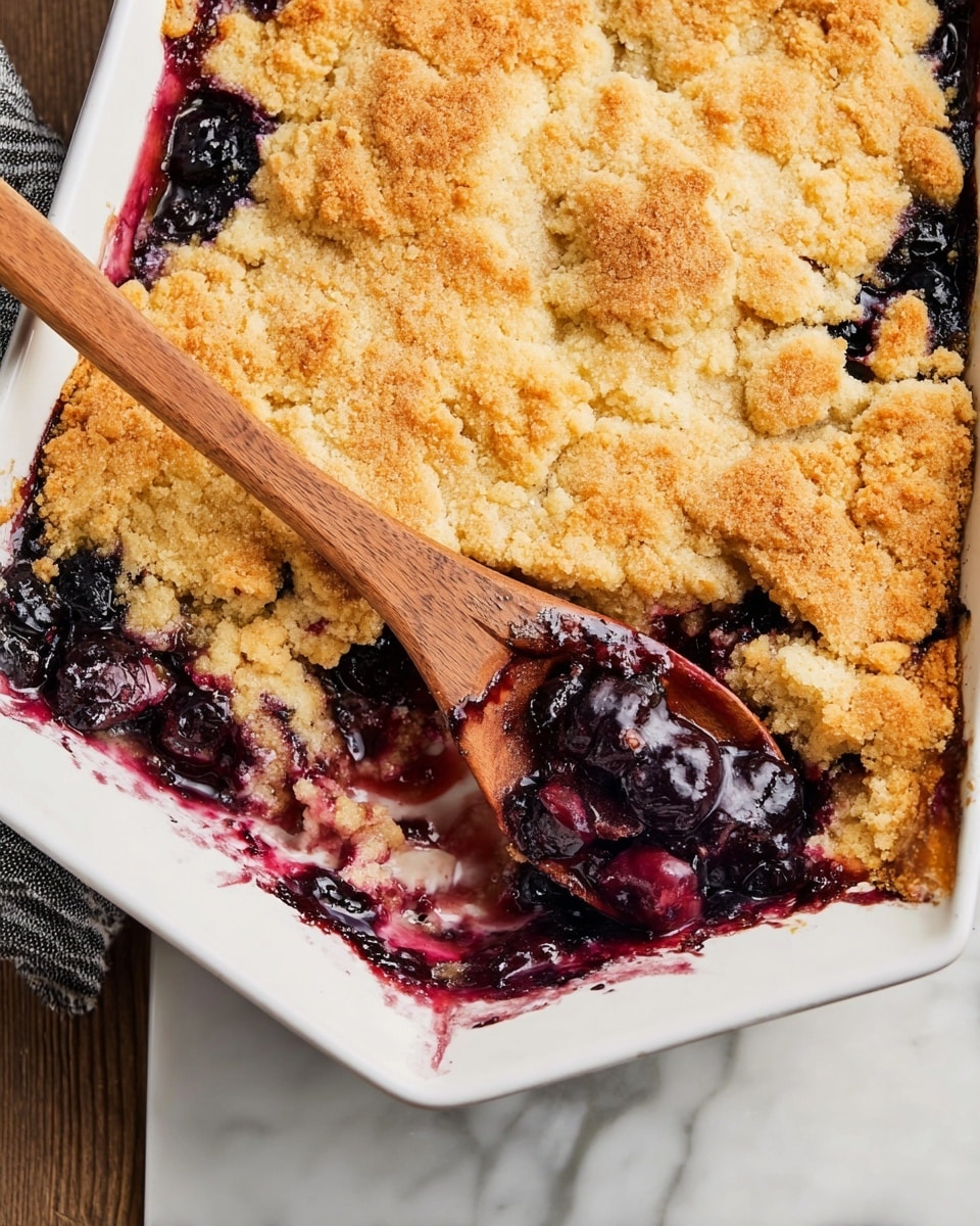 A white rectangular dish holds a baked dessert with two main layers. The top layer is a golden-brown, crumbly crust that looks rough and crunchy with some cracks and uneven parts. Underneath this is a thick, dark purple fruit filling that appears juicy and slightly sticky with visible whole berries. The fruit filling peeks out where a portion has been scooped with a wooden spoon, which rests inside the dish on the left side. The dish is placed on a white marbled surface. Photo taken with an iphone --ar 4:5 --v 7