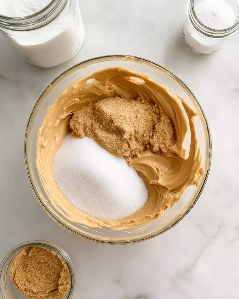 A clear glass mixing bowl sits on a white marbled surface, filled with a base layer of creamy light brown peanut butter. On top, there are two separate piles of sugar: one pile of fine white granulated sugar on the left and a smaller pile of light brown sugar on the right. Around the bowl are two jars, one with white sugar and the other with brown sugar. The scene looks clean and bright with the focus on the smooth texture of the peanut butter and the contrasting textures of the sugars. photo taken with an iphone --ar 4:5 --v 7
