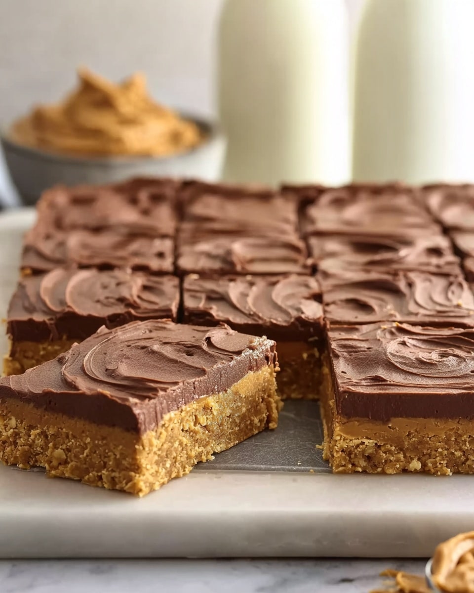 The image shows a square dessert bar on a white marbled surface, cut into nine equal pieces with one piece missing from the front left corner. The base layer is thick, textured, and golden brown with visible bits that suggest a crunchy or oat-filled mixture. On top is a thick, smooth, and creamy chocolate layer spread evenly with soft swirls and waves. In the background, a blurred dollop of peanut butter and two white bottles can be seen. Photo taken with an iphone --ar 4:5 --v 7