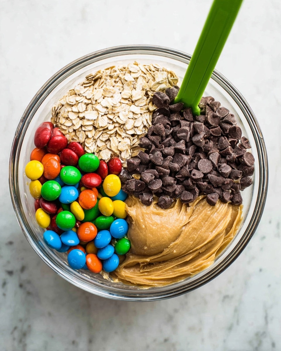 A clear glass bowl is shown from above, holding four distinct layers of ingredients arranged side by side. At the bottom right is a thick, smooth, light brown dough. To its left is a pile of colorful candy-coated chocolates in bright red, green, blue, yellow, and orange. Next to the candies is a light tan layer of rolled oats with a coarse texture. At the top right is a heap of small, dark brown chocolate chips with a slightly matte finish. A green spoon is inserted into the chocolate chip layer. The bowl is on a white marbled surface. photo taken with an iphone --ar 4:5 --v 7