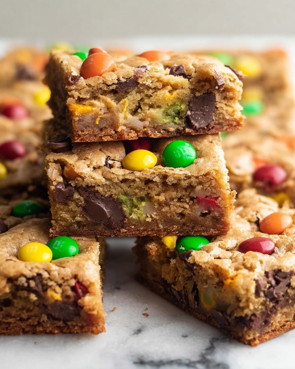 The image shows a close-up of several thick square bars of a cookie-like dessert stacked on a white marbled surface. Each bar has a rough, golden-brown top layer speckled with colorful candy-coated chocolates in yellow, green, red, and orange, as well as dark brown chocolate chips. One bar is lifted above the others, showing its soft, moist inner layers filled with more candy pieces and chocolate chips, giving a mix of light brown, yellow, green, and orange textures inside. The edges are firm and slightly darker brown. photo taken with an iphone --ar 4:5 --v 7