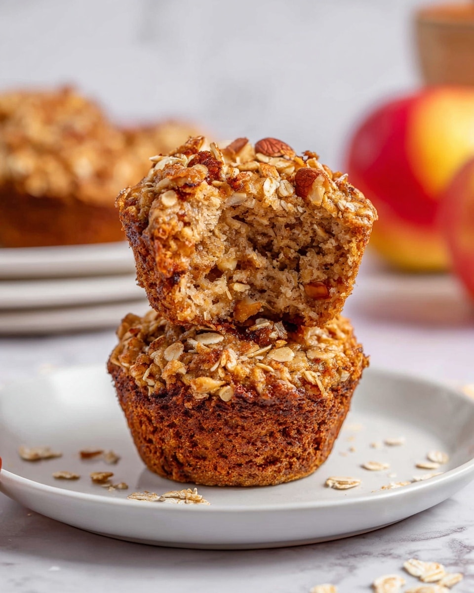 The image shows two oatmeal muffins stacked on a white plate, placed on a white marbled surface. The bottom muffin is whole, with a rough textured brown base full of oats. The top muffin is broken in half and placed upside down on the bottom one, revealing a dense interior with visible oats and small nut pieces. The muffins have a crunchy oat topping with a golden brown color, adding a textured look. Some loose oats are scattered around the plate for decoration. The background is softly blurred, showing another plate of muffins and a red and yellow apple. Photo taken with an iphone --ar 4:5 --v 7