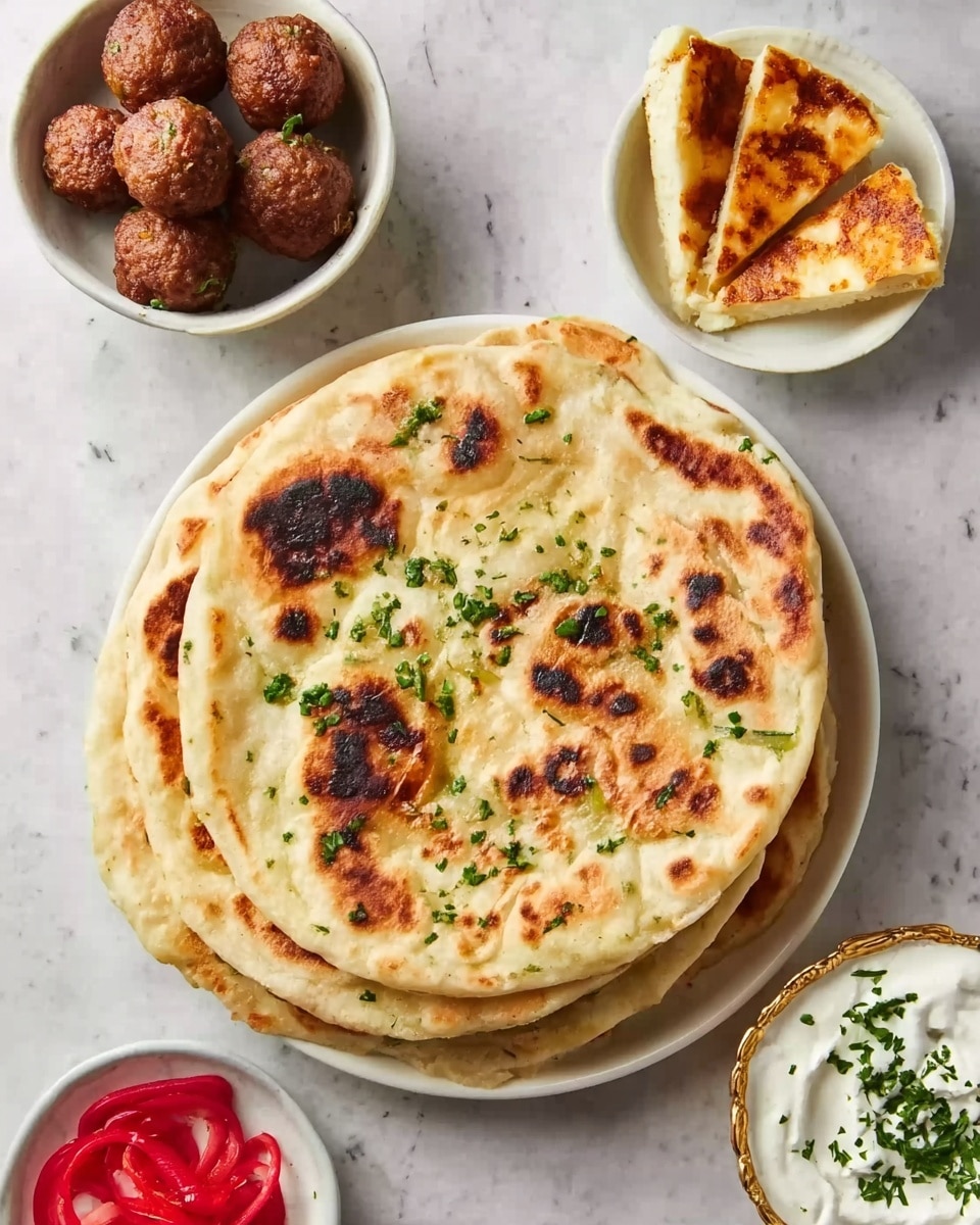 A stack of four golden-brown flatbreads with light charred spots is centered on a white plate, sprinkled with small pieces of green herbs. To the top left, a white bowl holds six round brown meatballs. On the top right, a small white bowl with a gold rim contains five triangular pieces of toasted cheese with browned edges. Near the bottom right, another white bowl with a gold rim is filled with creamy white yogurt mixed with small green herbs. At the bottom left, a small white bowl with red sliced pickled peppers is visible. All items are placed on a white marbled surface. photo taken with an iphone --ar 4:5 --v 7