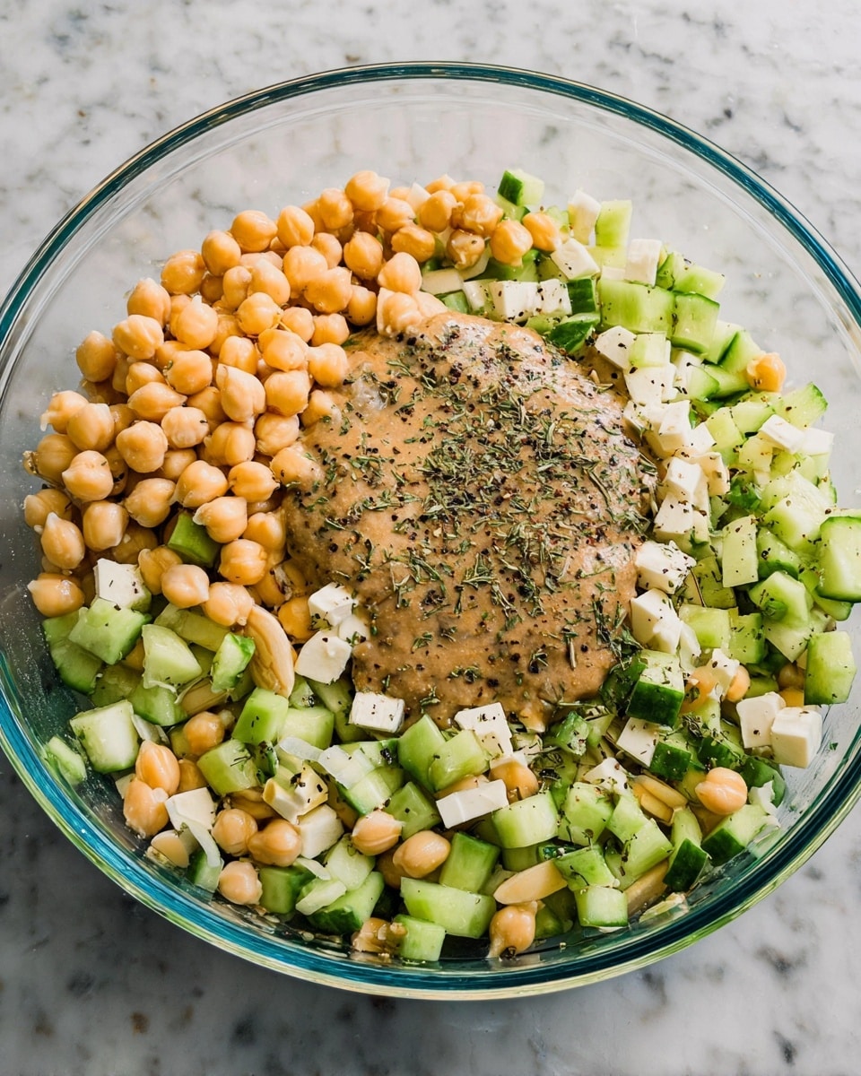 A clear glass bowl sits on the white marbled surface, filled with a mix of small chopped light green cucumber pieces, pale yellow chickpeas, light beige beans, and small chunks of white cheese. In the center, there is a layer of thick, brownish dressing with black pepper and herbs sprinkled on top, contrasting with the fresh, light colors of the salad around it. The textures show the crunchy cucumbers, soft beans, and smooth dressing, all layered together inside the bowl. photo taken with an iphone --ar 4:5 --v 7