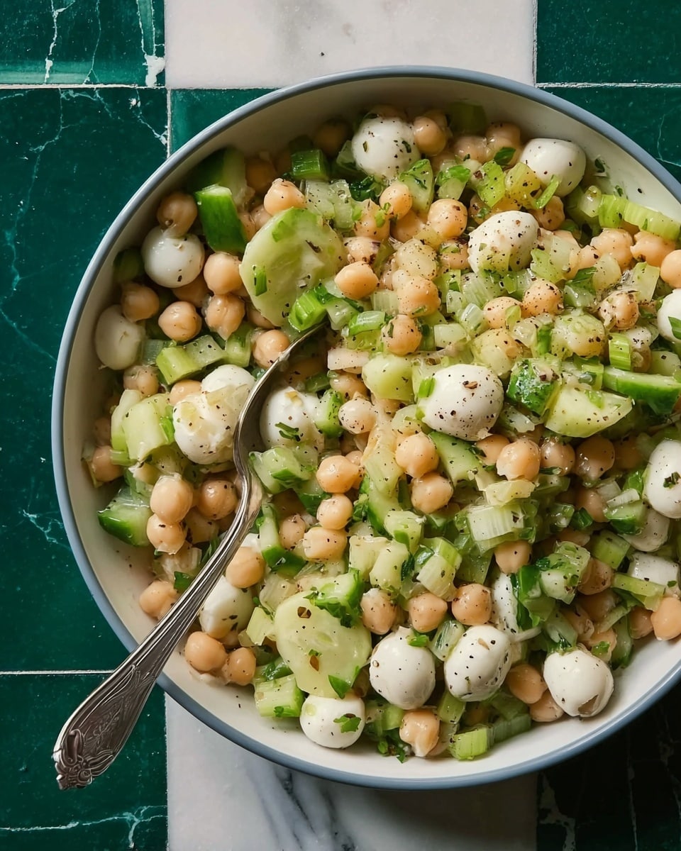 A large white bowl filled with a salad made of light beige chickpeas, small white mozzarella balls, and chopped bright green celery and cucumber pieces. The salad is mixed evenly with tiny specks of black pepper sprinkled on top. A silver spoon rests inside the bowl, partially buried in the salad. The bowl sits on a white marbled surface with dark green tiles visible around its edges. Photo taken with an iphone --ar 4:5 --v 7
