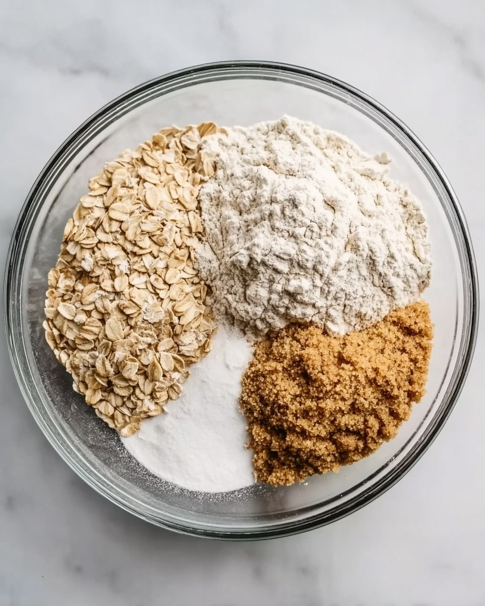 A clear glass bowl sits on a white marbled surface, filled with four distinct layers of dry ingredients. At the top right is a large pile of white flour with a soft, powdery texture. To its left is a cluster of light beige rolled oats, flat and slightly shiny. Below the flour, there is a small mound of fine white powder, likely baking soda or salt. At the bottom right, there is a pile of brown sugar with a grainy, slightly clumped texture, rich amber in color. The ingredients are separate and neatly arranged within the bowl, showing different textures and shades of beige and brown. photo taken with an iphone --ar 4:5 --v 7