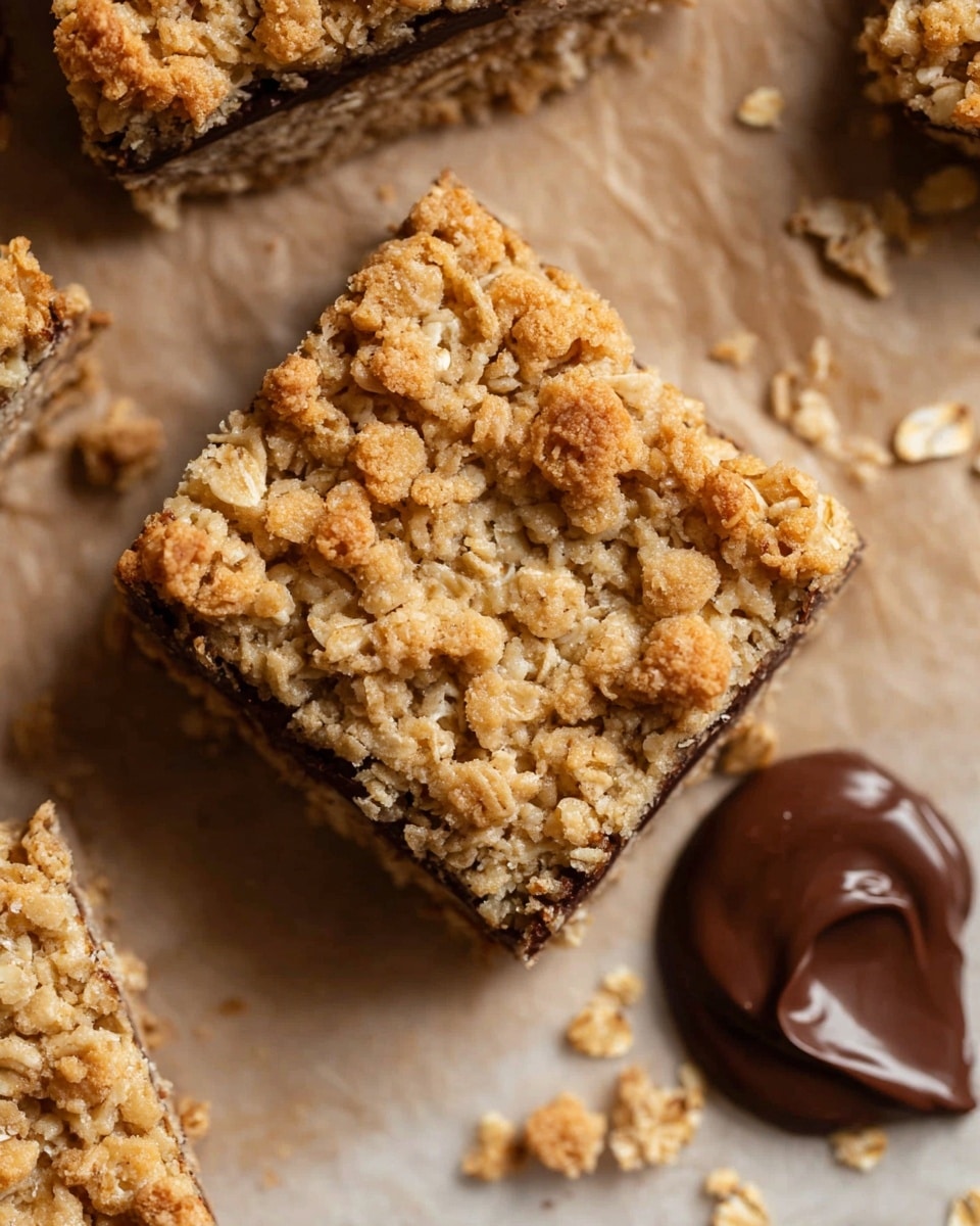 The image shows a close-up of a square oat crumble bar with a golden-brown crumbly top layer full of oats, giving rough texture. Underneath, there is a thin dark chocolate layer visible just at the edges. The bar sits on a light brown parchment paper on a white marbled surface. Some oat crumbs are scattered around, and a dollop of smooth, shiny dark chocolate is placed close to the bottom right corner of the bar. Photo taken with an iphone --ar 4:5 --v 7