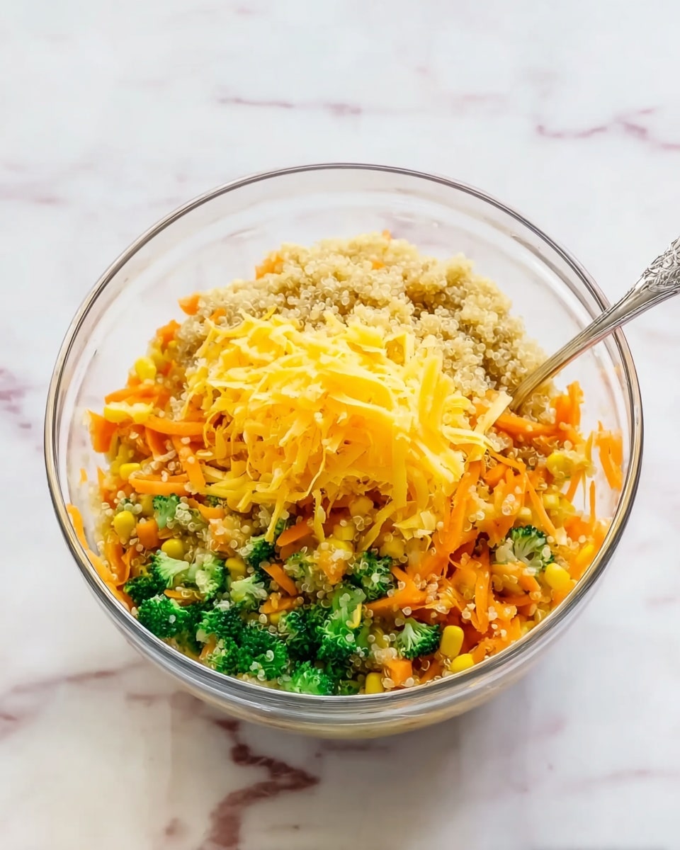 A clear glass bowl sits on a white marbled surface, filled with four visible layers. The bottom layer is a mix of small, bright green broccoli pieces and diced orange carrots with yellow corn kernels. Above this is a fluffy layer of light brown quinoa, topped by a layer of shredded yellow cheese. A silver spoon rests inside the bowl on the left side. Photo taken with an iphone --ar 4:5 --v 7