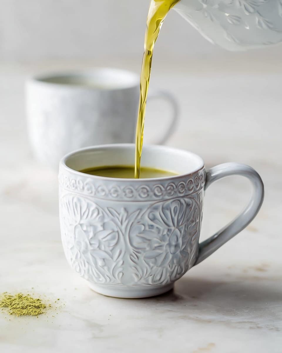 A white ceramic cup with a carved floral and geometric pattern sits on a white marbled surface. A yellow-green liquid is being poured from above into the cup, caught mid-air in a thin, smooth stream. In the blurred background, there is another white cup. A small green powdery spot is near the front left edge of the surface. photo taken with an iphone --ar 4:5 --v 7