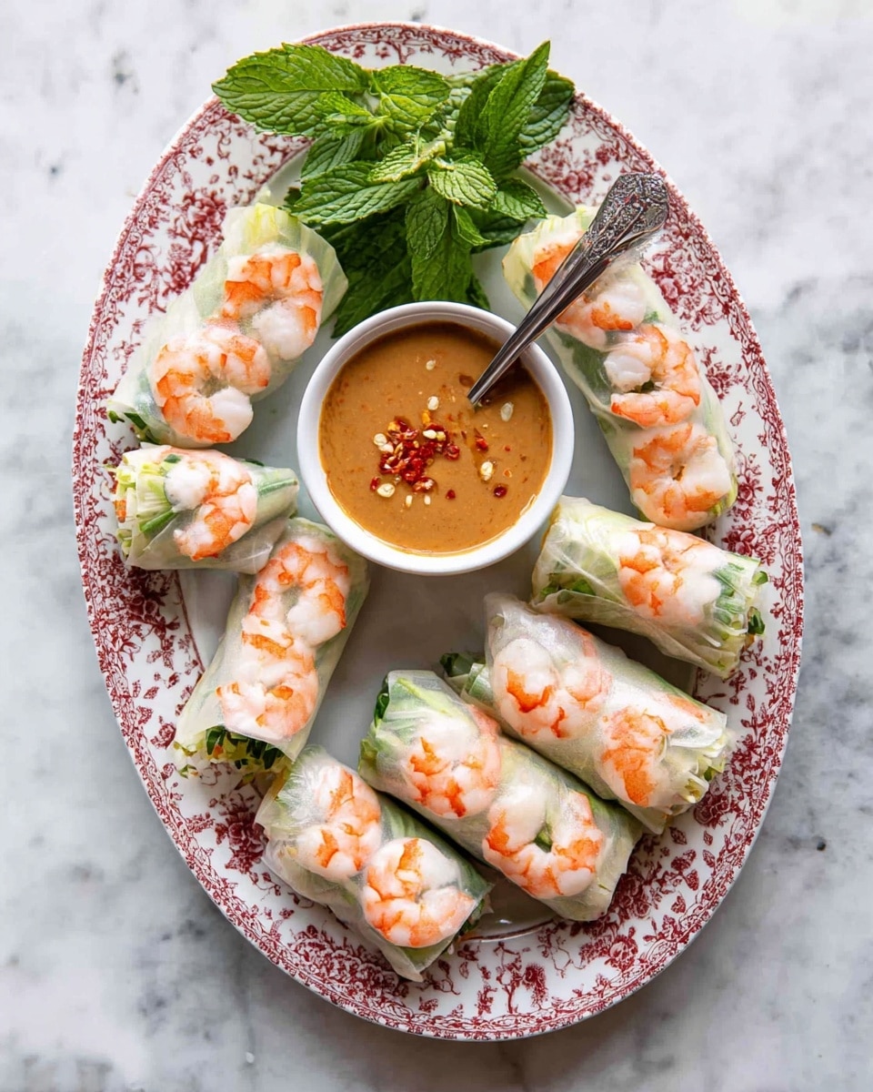 A white oval plate with red and floral patterns holds ten shrimp spring rolls arranged in a circle. Each roll has three bright orange and white shrimp on top, with green lettuce and other vegetables wrapped inside thin, translucent rice paper, showing a smooth texture. In the center of the plate is a small white bowl filled with a thick, light brown dipping sauce topped with small red chili flakes and bits, alongside a silver spoon resting in it. Fresh green mint leaves are placed next to the bowl on the plate. The whole scene sits on a white marbled surface. Photo taken with an iphone --ar 4:5 --v 7