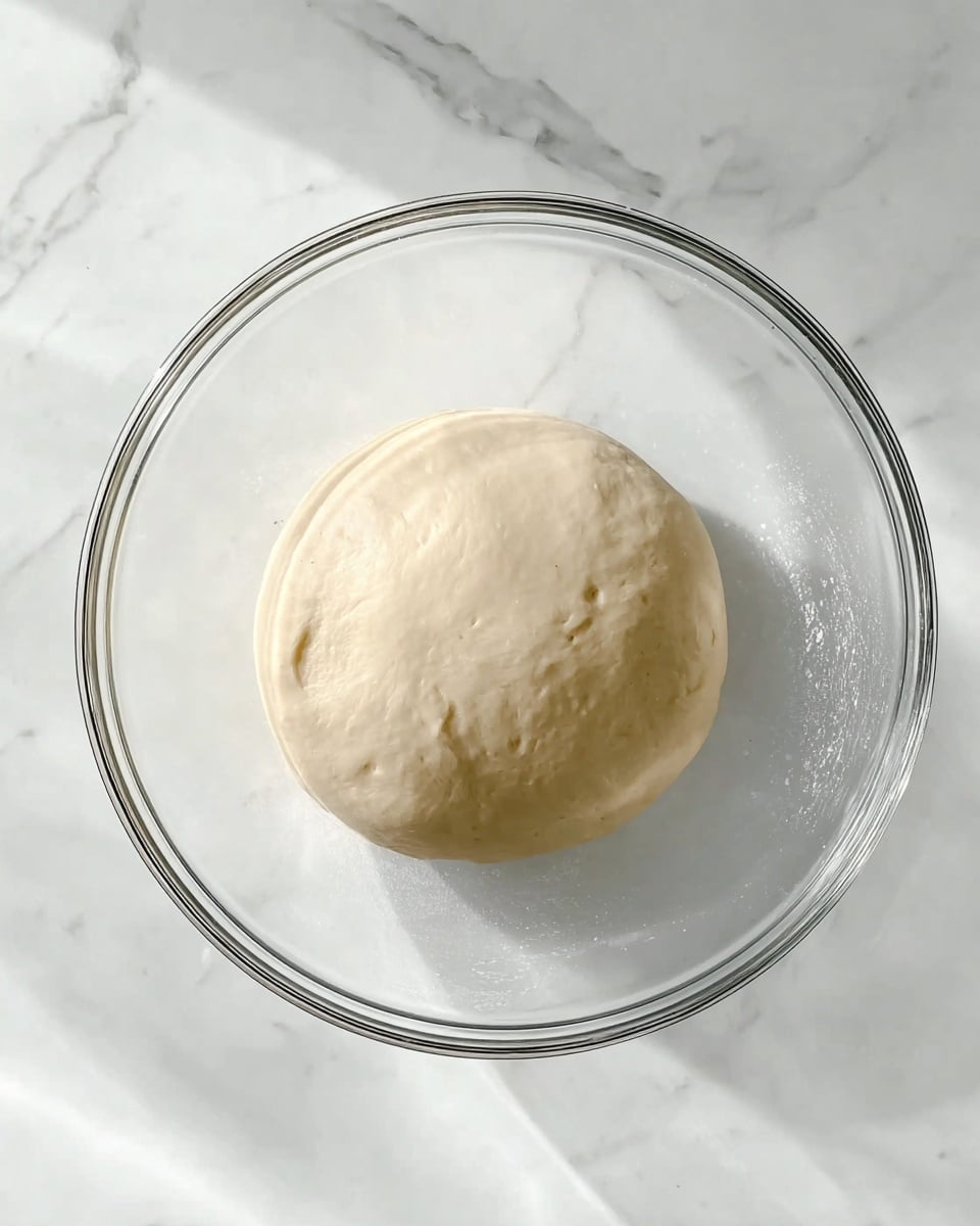 A single round piece of smooth, slightly shiny dough sits in the center of a clear glass mixing bowl, showing a few small bubbles on its surface. The dough is pale beige and looks soft and stretched. The bowl is placed on a white marbled surface, with light reflections creating subtle shadows around it. photo taken with an iphone --ar 4:5 --v 7