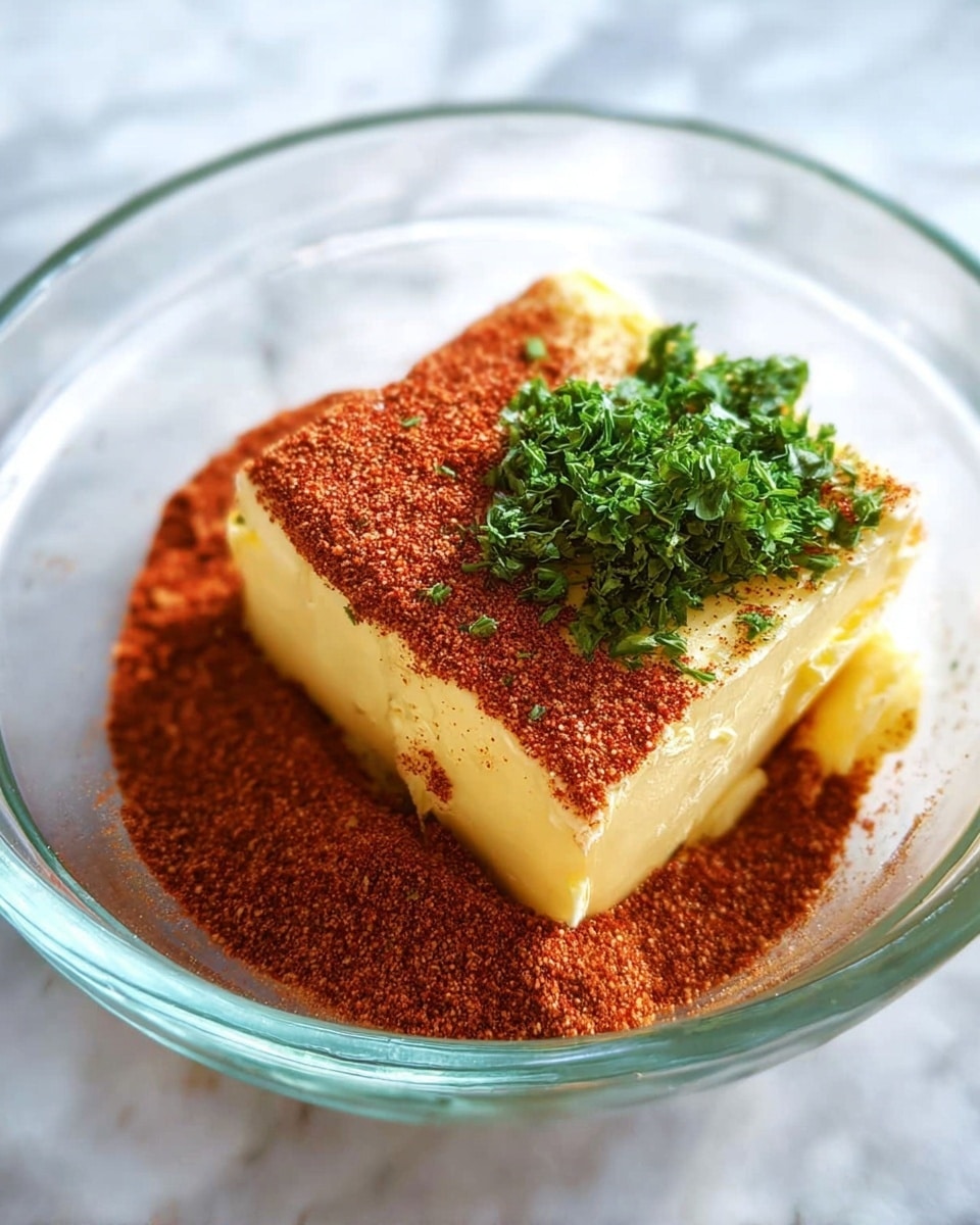 A clear glass bowl holds a block of pale yellow butter placed near the center, covered with a thick layer of reddish-brown seasoning powder. On top and around one side of the butter, there is a small bunch of fresh, bright green chopped herbs. The white marbled surface beneath the bowl adds a clean and bright background. photo taken with an iphone --ar 4:5 --v 7