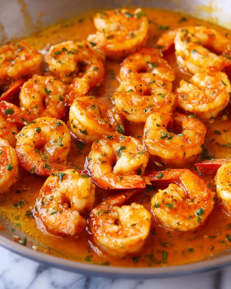 The image shows a close-up of cooked shrimp in a pan. The shrimp are orange and pink with small green herb bits sprinkled on them, sitting in an orange sauce that looks shiny and slightly oily. Each shrimp is curled and appears tender with a slightly textured surface. The pan edges are visible in the background, and the dish is set against a white marbled texture. photo taken with an iphone --ar 4:5 --v 7