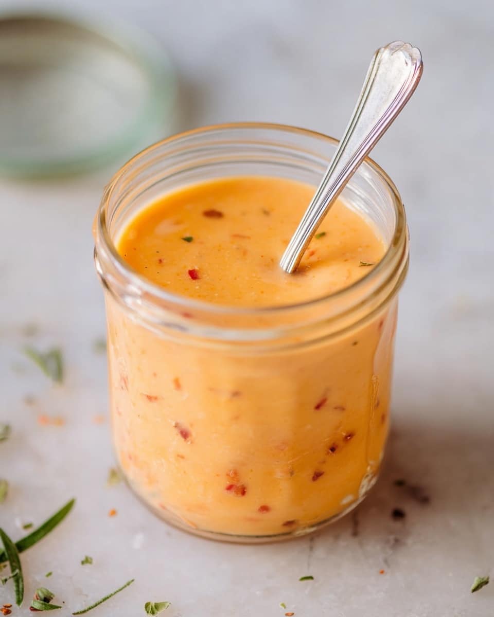A clear glass jar filled with creamy, light orange sauce speckled with tiny red and green bits, giving it a textured look. A small silver spoon rests inside the jar, its handle showing slight wear. The jar sits on a white marbled surface with bits of herbs around it, and the blurred jar lid is visible in the background, creating a simple and clean setting. Photo taken with an iphone --ar 4:5 --v 7