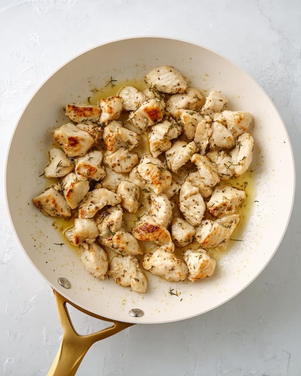 A white pan with a gold handle sits on a white marbled surface, filled with small pieces of light golden-brown cooked chicken scattered evenly. The chicken pieces show some slight browning and seasoning marks, with a light sheen of cooking oil pooling around them. The texture looks tender with a hint of crisp on the edges. The lighting is natural, highlighting the moist and cooked appearance of the chicken pieces. Photo taken with an iphone --ar 4:5 --v 7