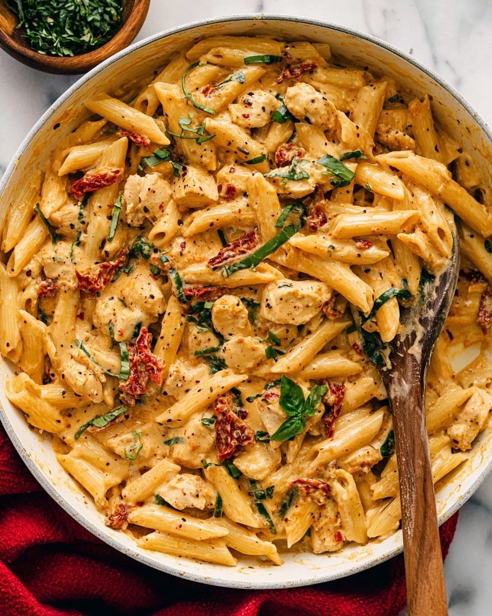 This image shows a close-up of a white pan filled with creamy pasta. The pasta is penne shape, coated in a thick light orange sauce with visible black pepper specks throughout. Mixed in the pasta are chunks of white meat and sun-dried tomatoes adding spots of red and green basil leaves scattered on top. A wooden spoon is partially inside the pan on the right side, slightly stirring the pasta. The pan rests on a white marbled surface, with a small wooden bowl of green herbs nearby and a red cloth under part of the pan. Photo taken with an iphone --ar 4:5 --v 7