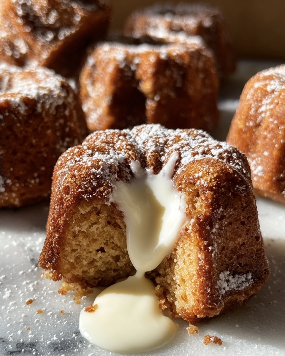 The image shows a close-up of a small bundt cake that has been opened in the front to reveal a smooth, creamy white filling flowing out. The cake is golden-brown with a slightly rough, crumbly texture and is dusted lightly with powdered sugar. In the background, there are more whole bundt cakes, similar in color and texture, set on a white marbled surface. The lighting highlights the moistness of the cake and the softness of the filling, creating a warm and inviting feel. photo taken with an iphone --ar 4:5 --v 7
